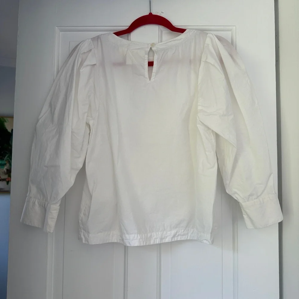 Anthropologie Maeve White Puff Sleeve Back Keyhole 3/4 Sleeve Blouse, Size Small